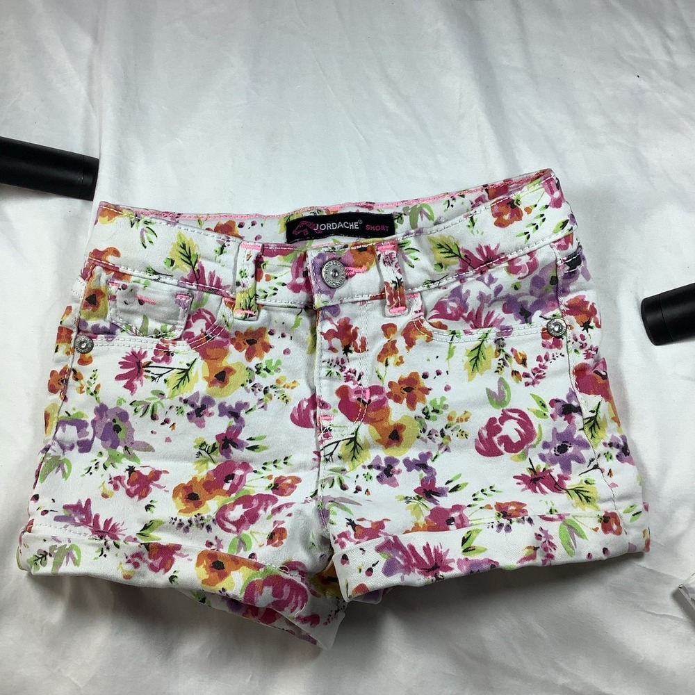 Jordache Girls Floral Denim Cuffed‎ Shorts White Multi Color